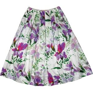 Fleur Wood Floral Pleated Midi Skirt Women 2 Watercolor Pockets A-Line Boho Chic